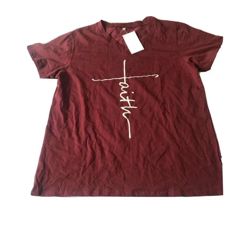DANVOUY Women's sz Large Summer Casual Letters Faith Printed V-Neck T-Shirt